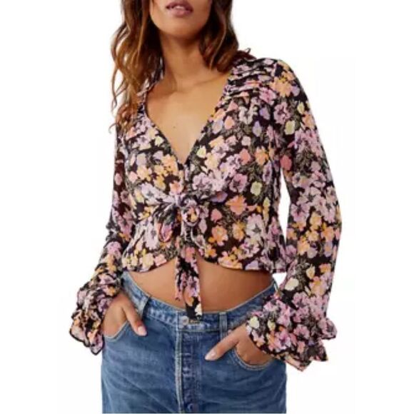 Free People Maybel Blouse Top Shirt Tie-up Floral Black Combo Large L NWT - Picture 1 of 12